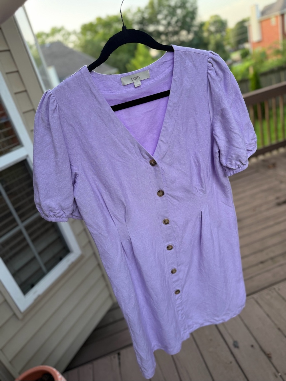 LOFT - Lilac Linen Blend Button-Front Puff Sleeve Dress